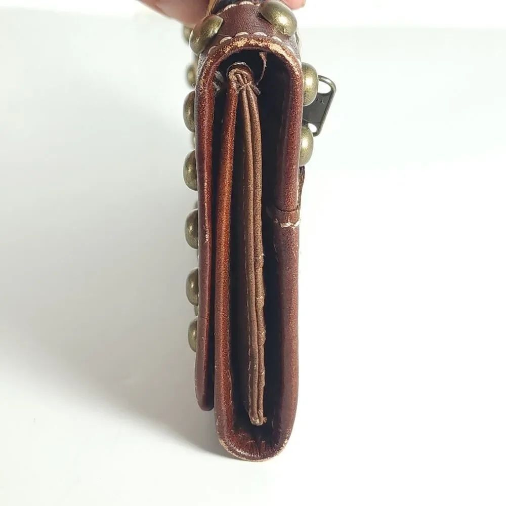 American West Leather Cowhide Leopard Print Studded Zipper Trifold Wallet - Picture 3 of 14